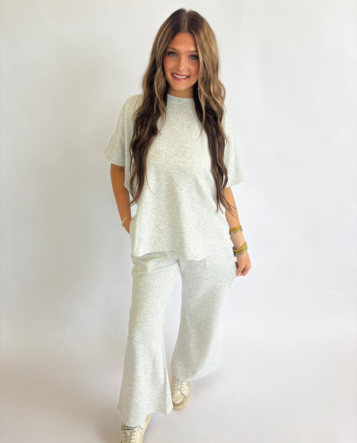 Curved Hem Pant Set-Gray