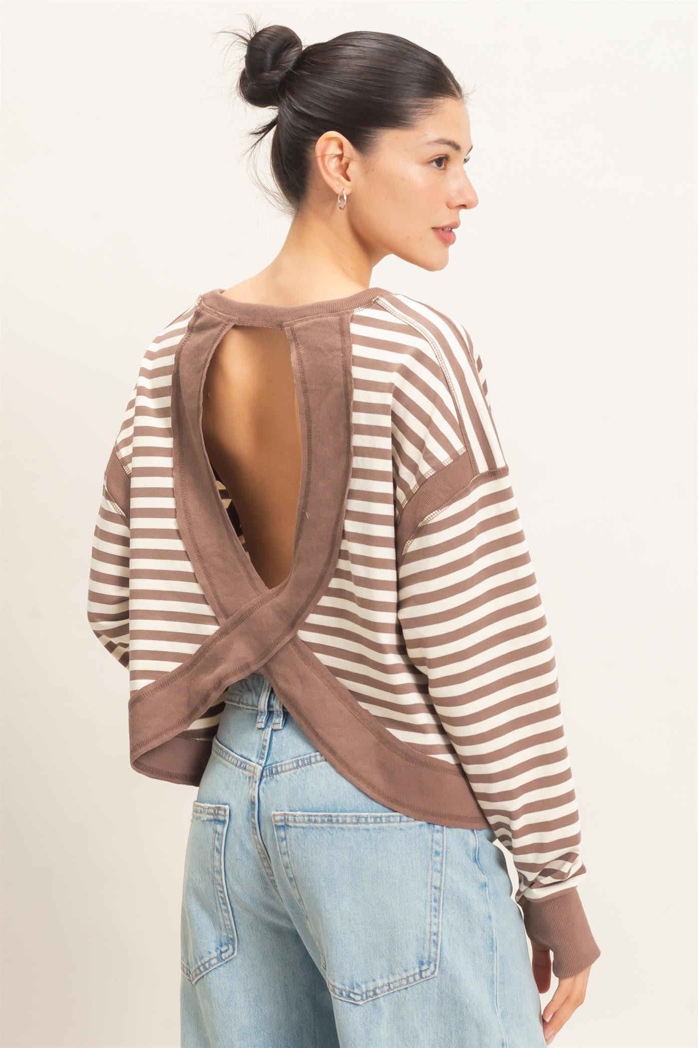 Stripe Long Sleeve Open Back-Mocha