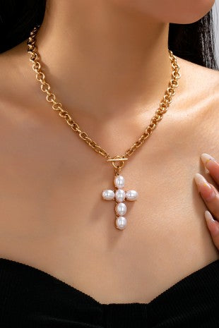 Pearl Gold Cross Necklace