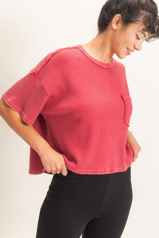 Mineral Wash Waffle Top-Red