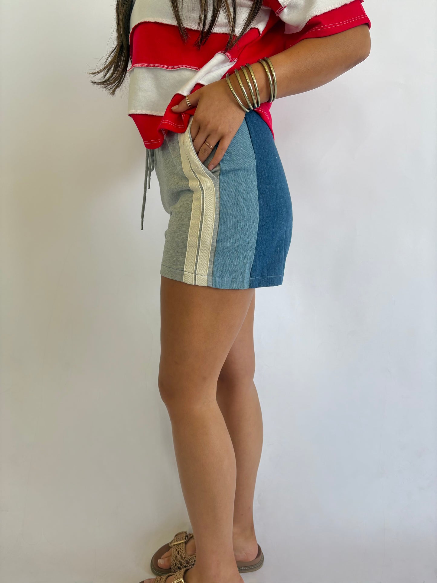 Denim-Terry Mix Shorts - Gray