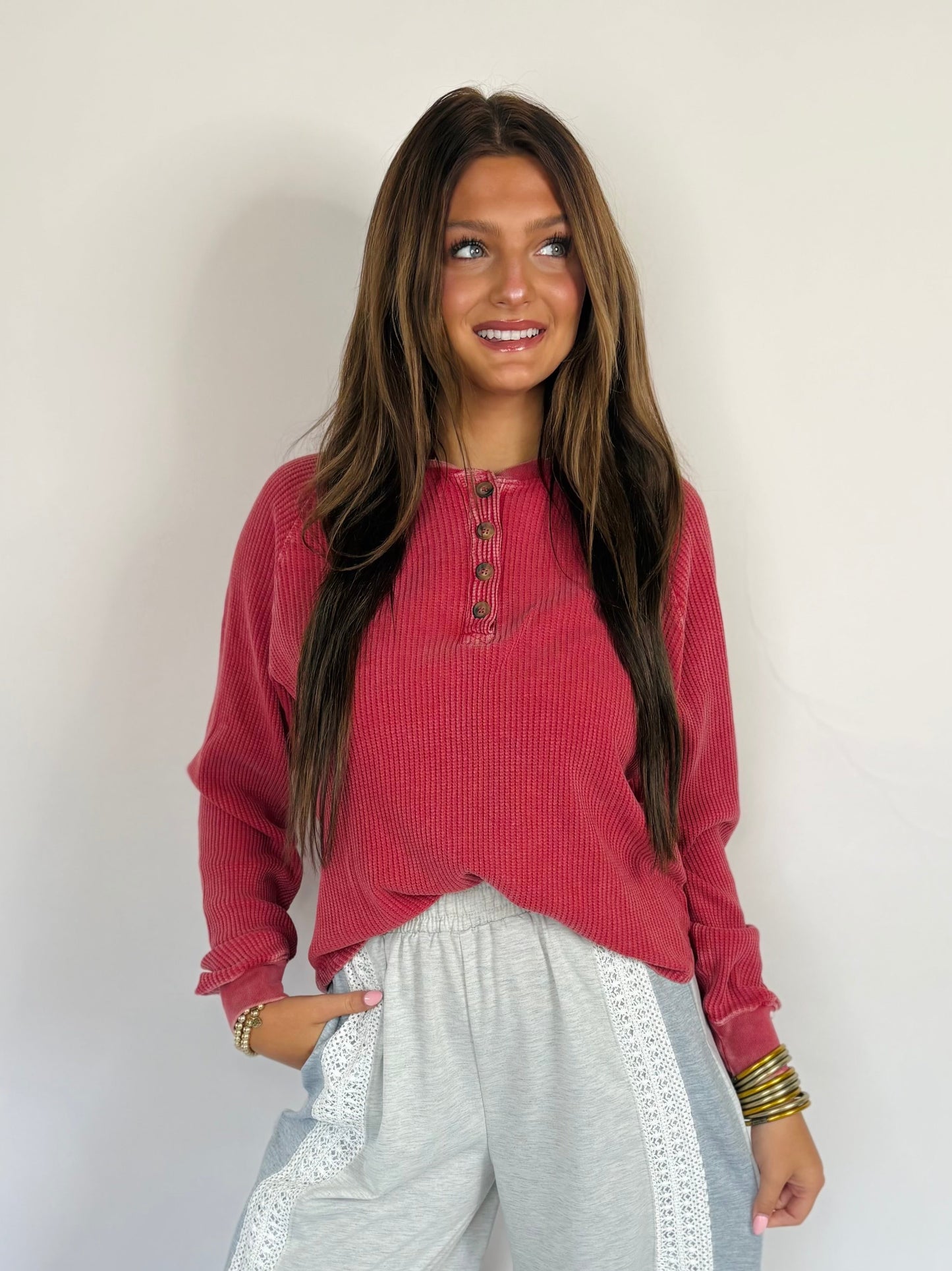 Red Waffle Knit Button Up