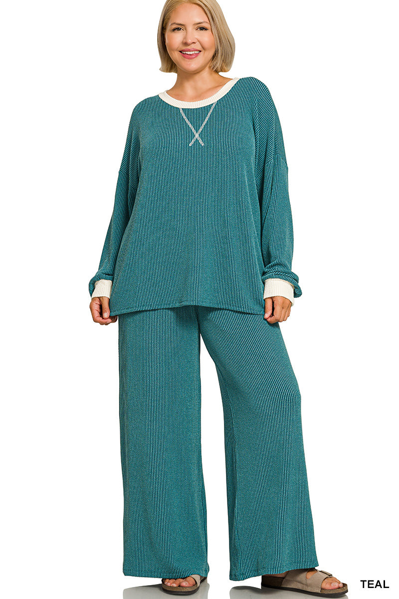 Plus Rib Pant Set-Teal