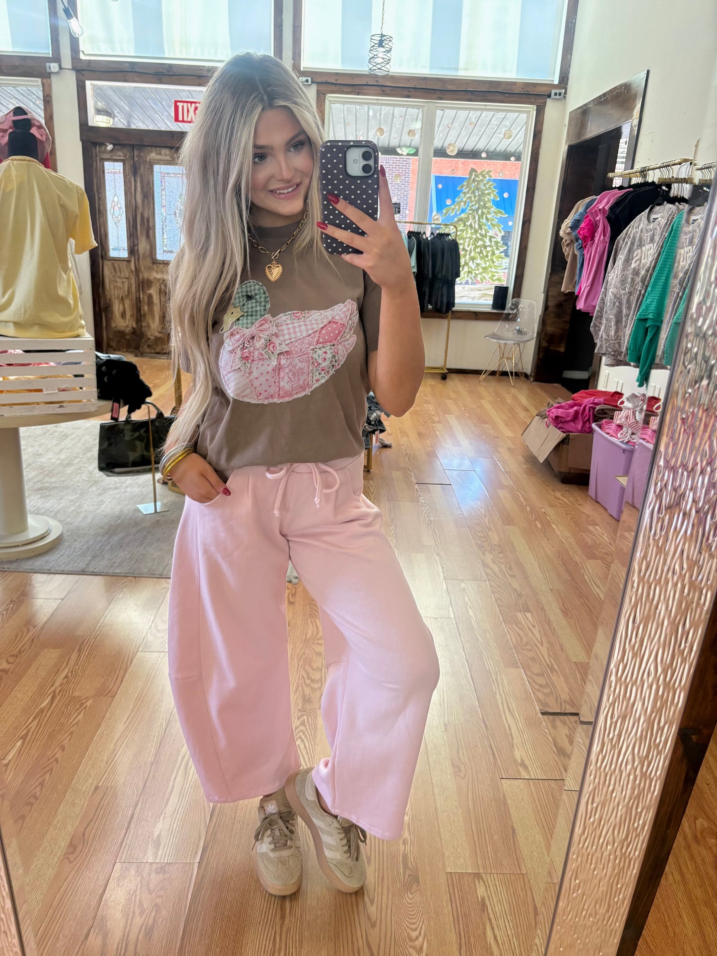 Pink Duck on Brown Tee