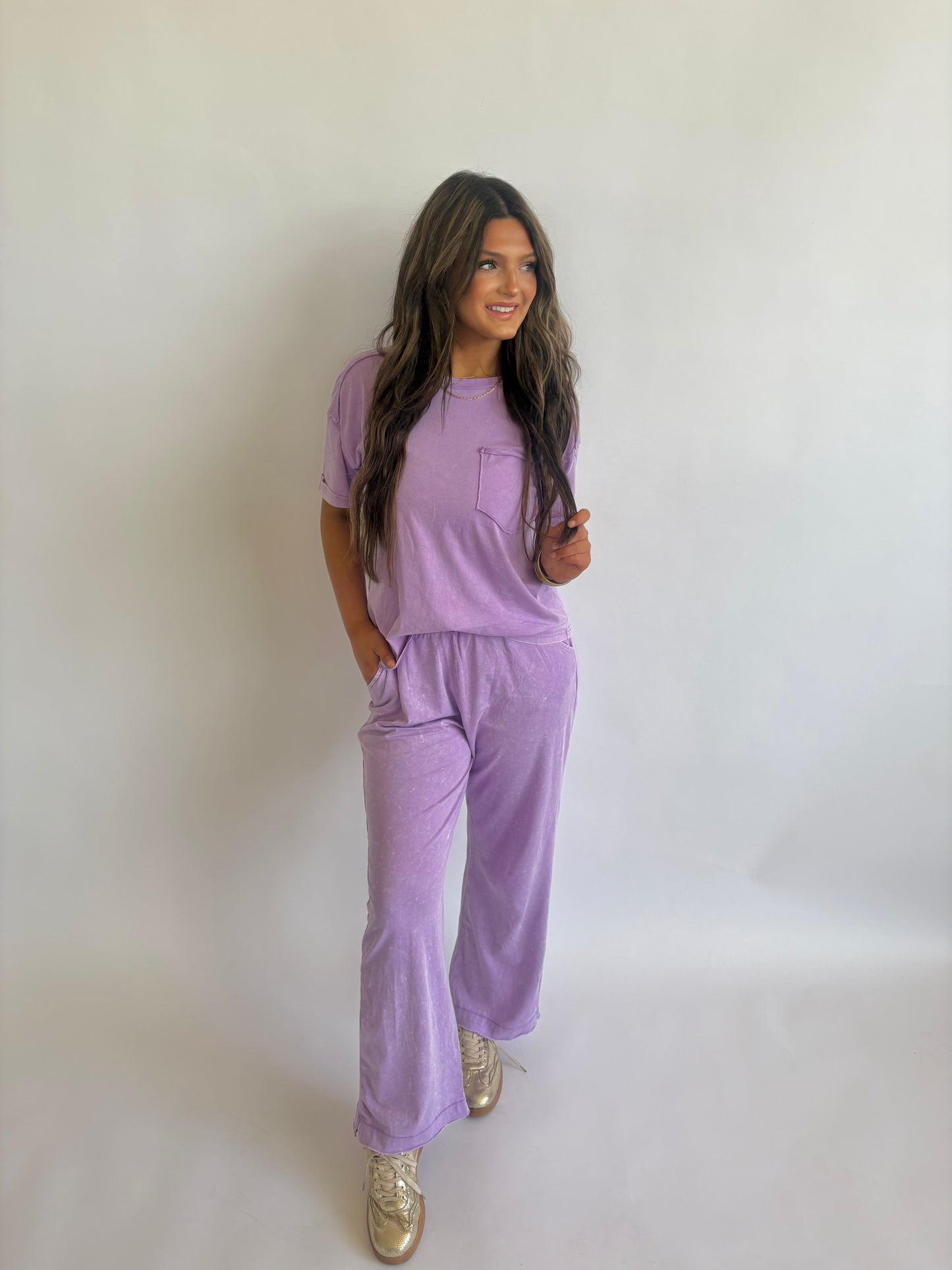 Acid Wash Exposed Seam Pant Set-Lavender