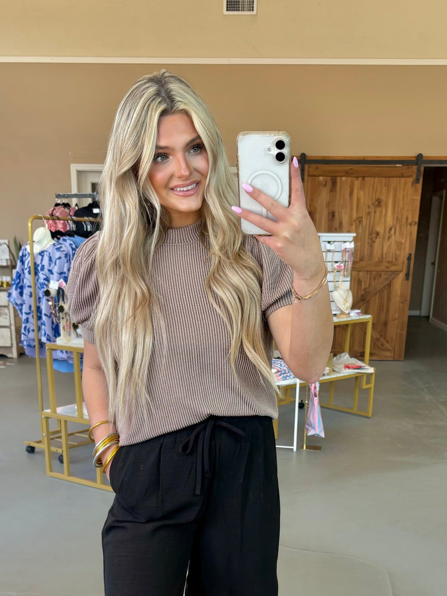 Puffy Sleeve Top-Mocha