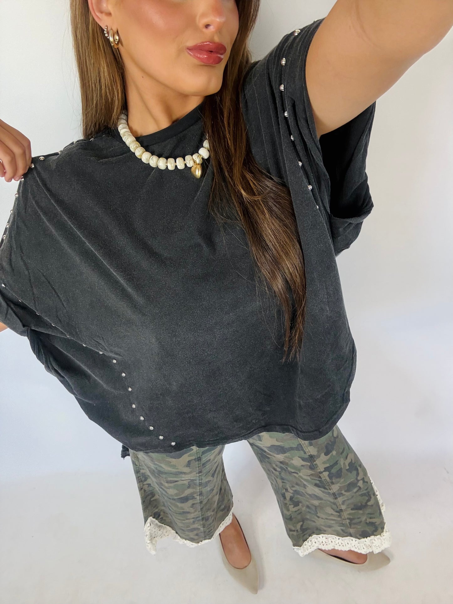 Studded High Low Tee-Black