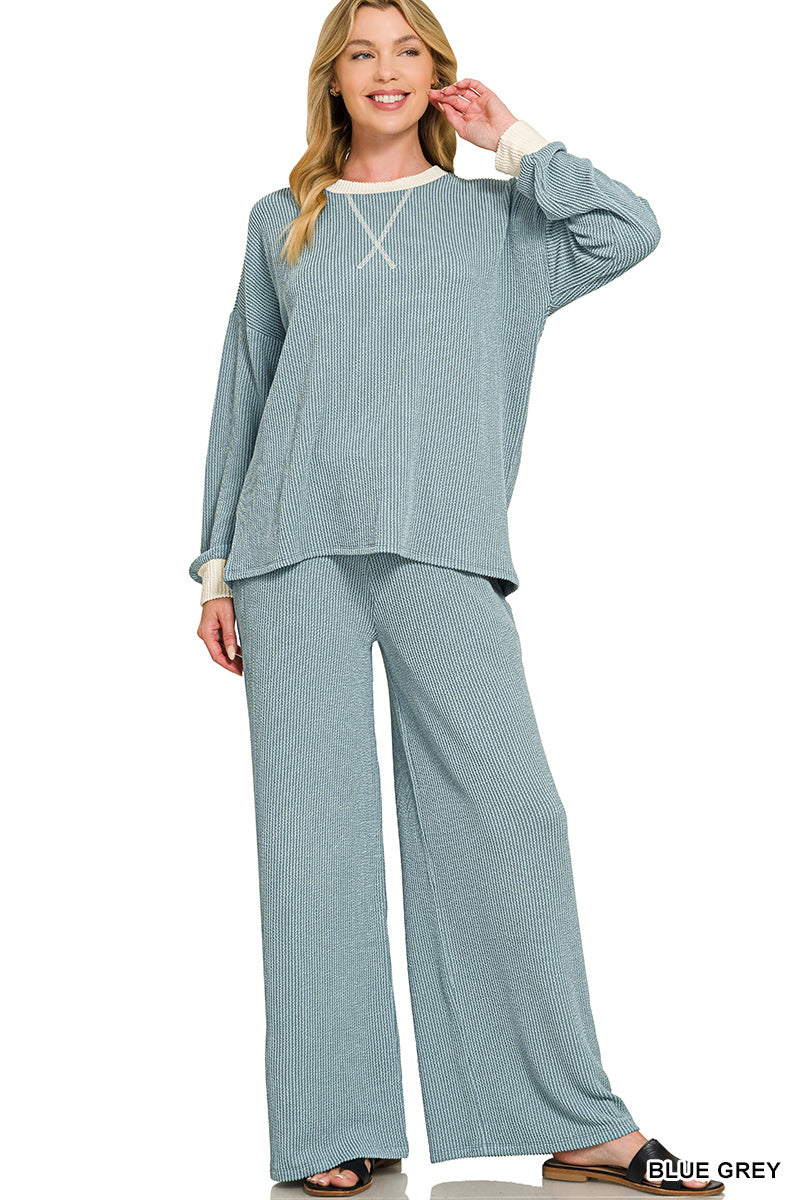 Long Sleeve Rib Set-Blue/Grey