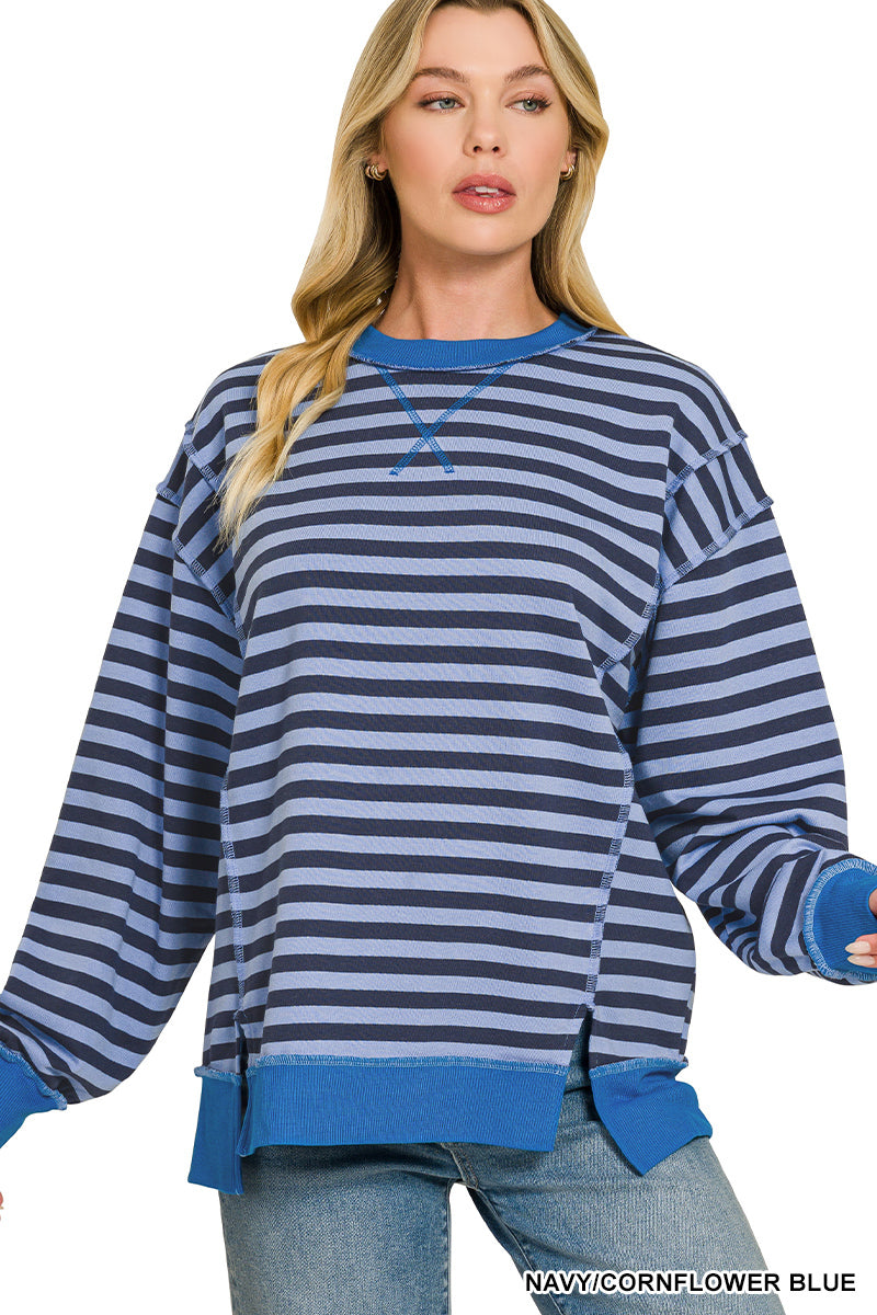 Zenana Stripe Pullover-Blue