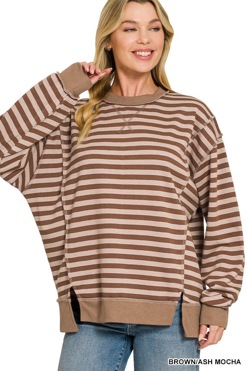 Zenana Stripe Pullover-Brown