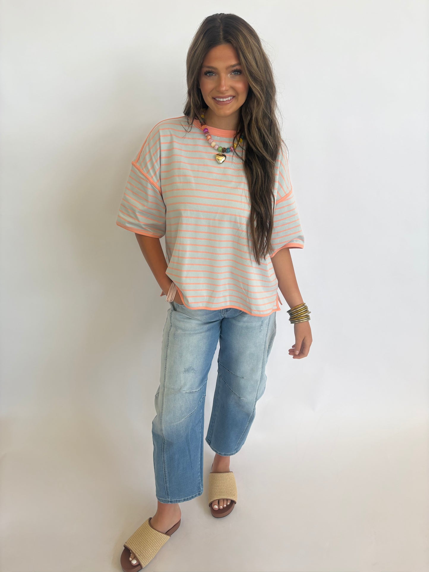 Oversized Stripe Tee : Dusty Blue/Apricot