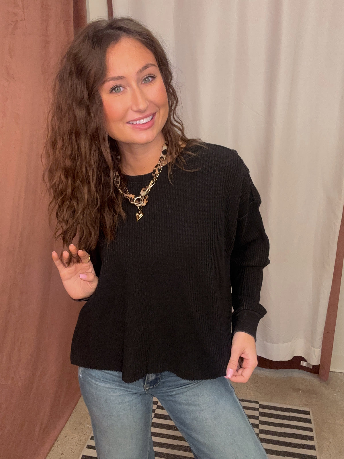 Black Waffle Open Back Top