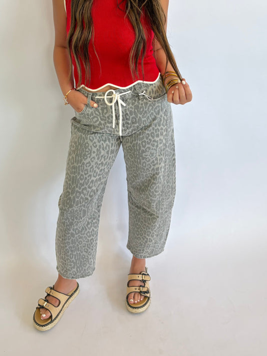 Leopard High Rise Barrel Jean
