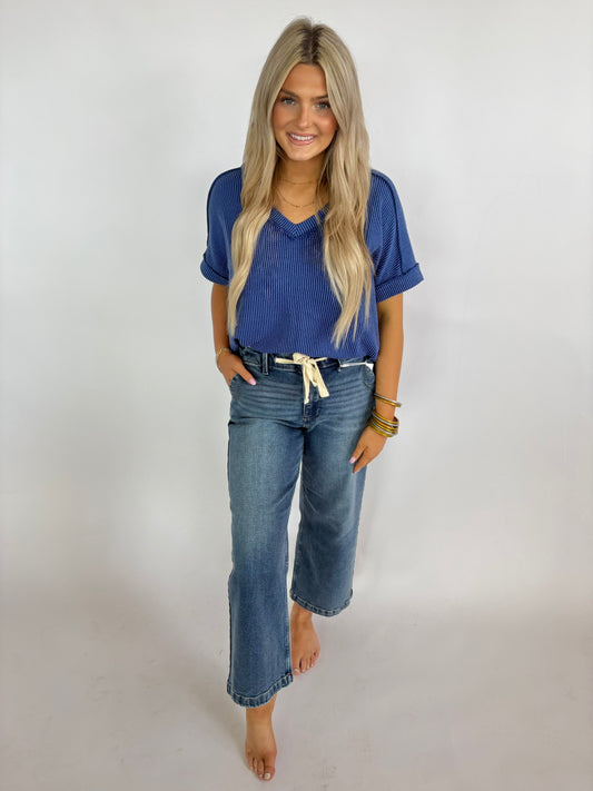 Ribbed V-Neck - Classic blue