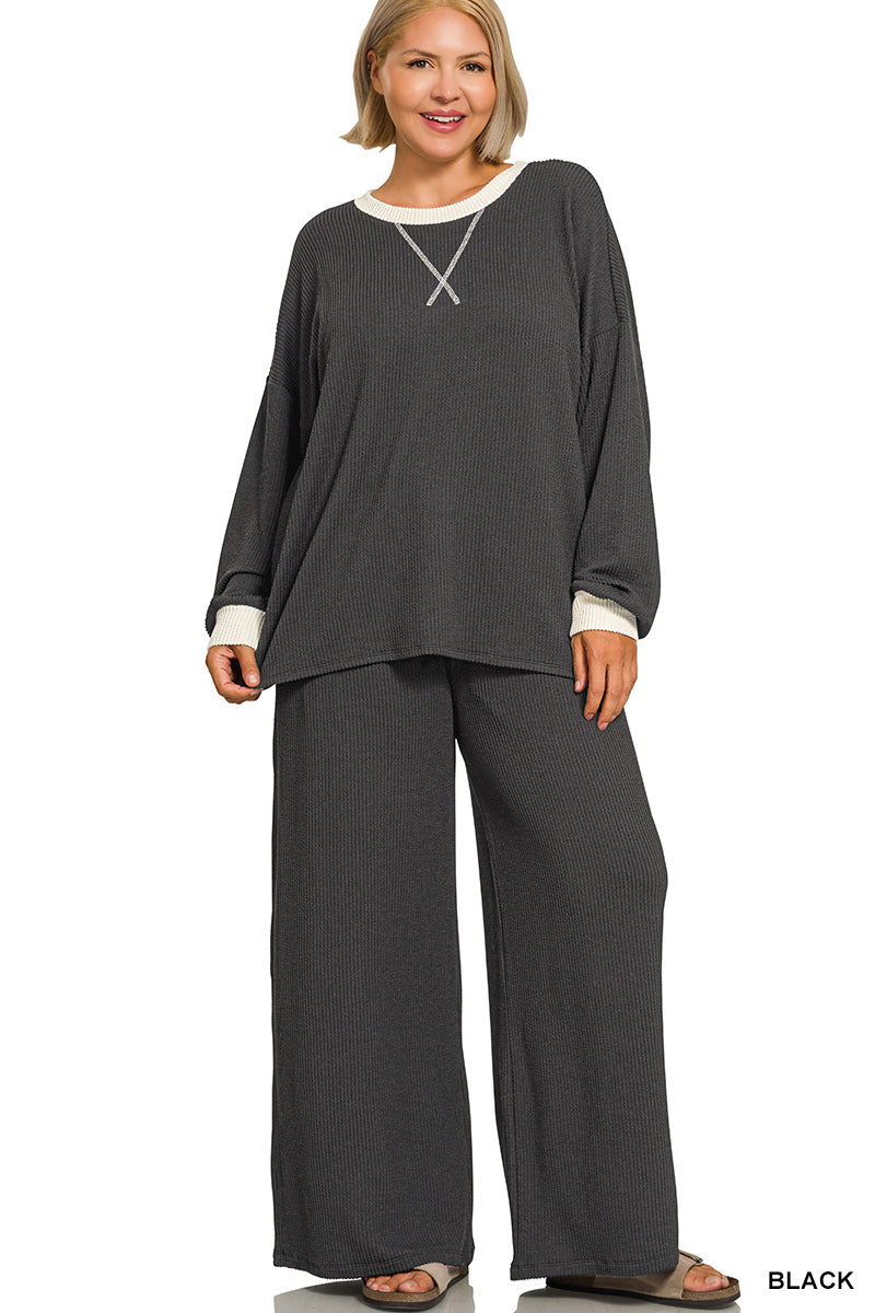Plus Rib Pant Set-Black