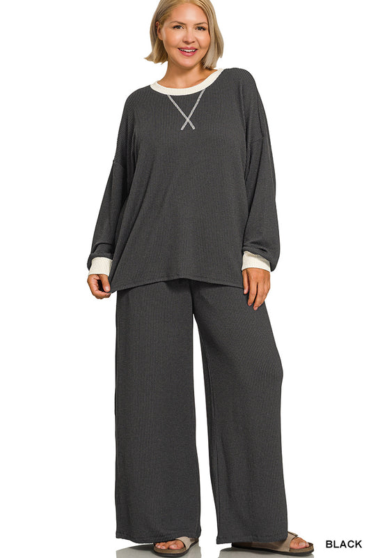 Plus Rib Pant Set-Black