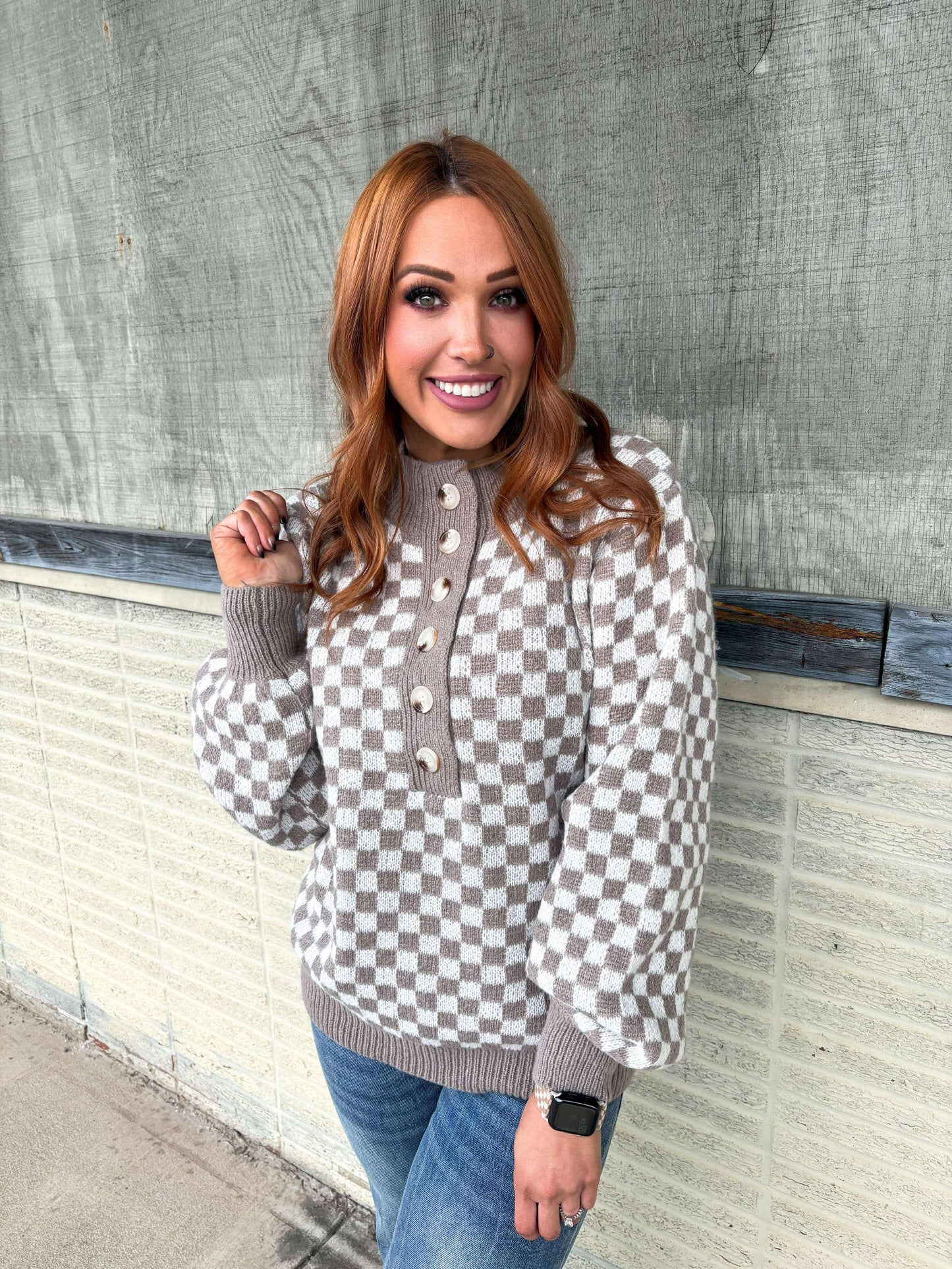 Checkered Half Button Sweater