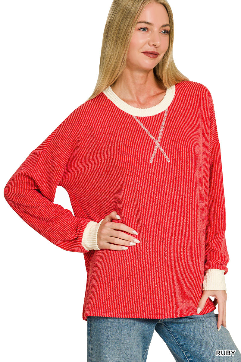 Rib Long Sleeve Shirt-Ruby