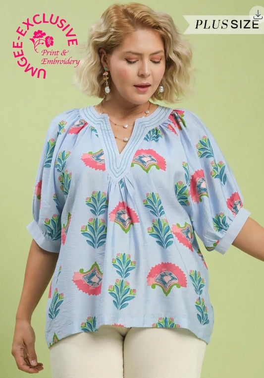 Plus Light Blue Floral Top