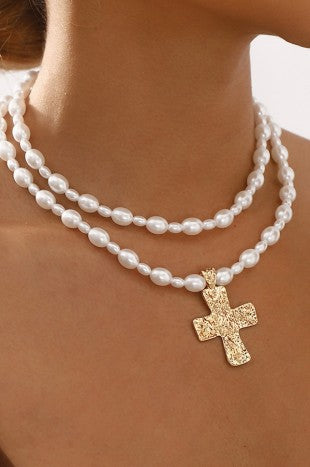 Beaded Layered Cross Necklace