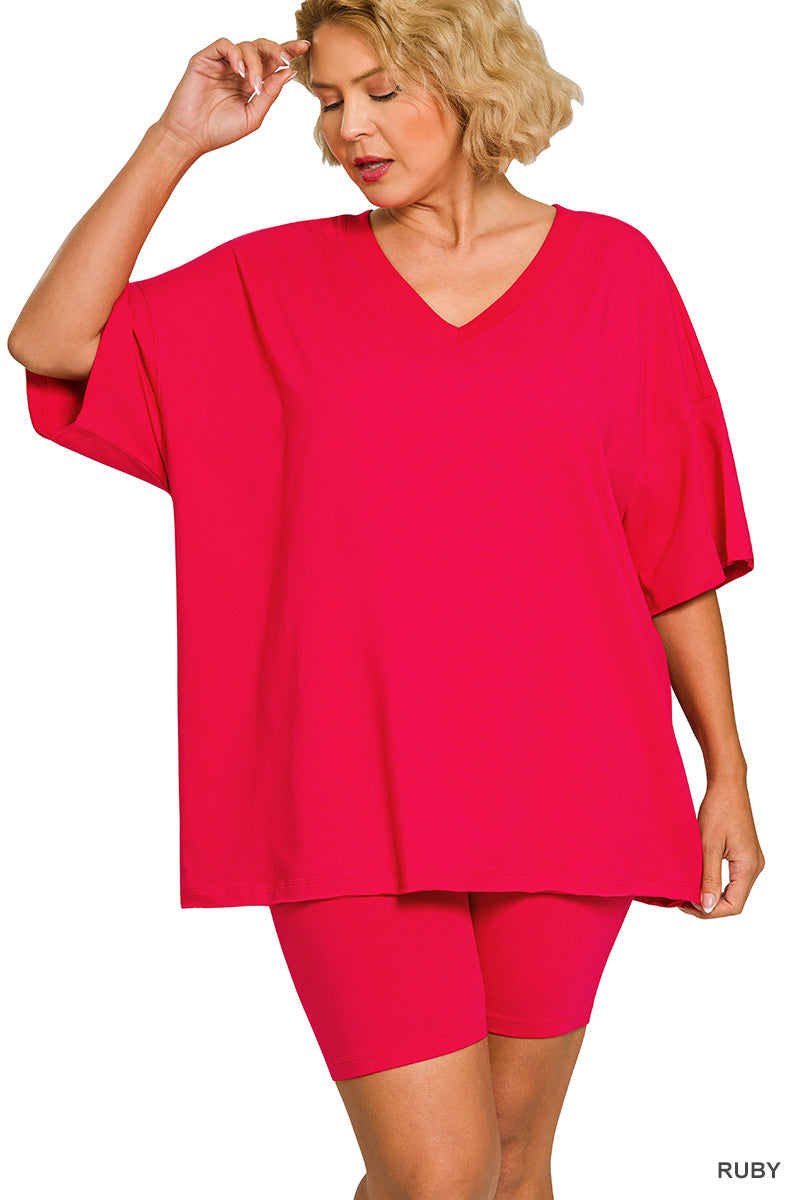 Plus Cotton VNeck Set-Ruby