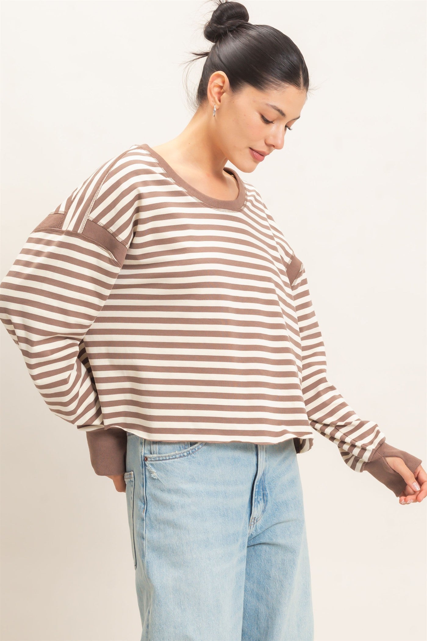 Stripe Long Sleeve Open Back-Mocha