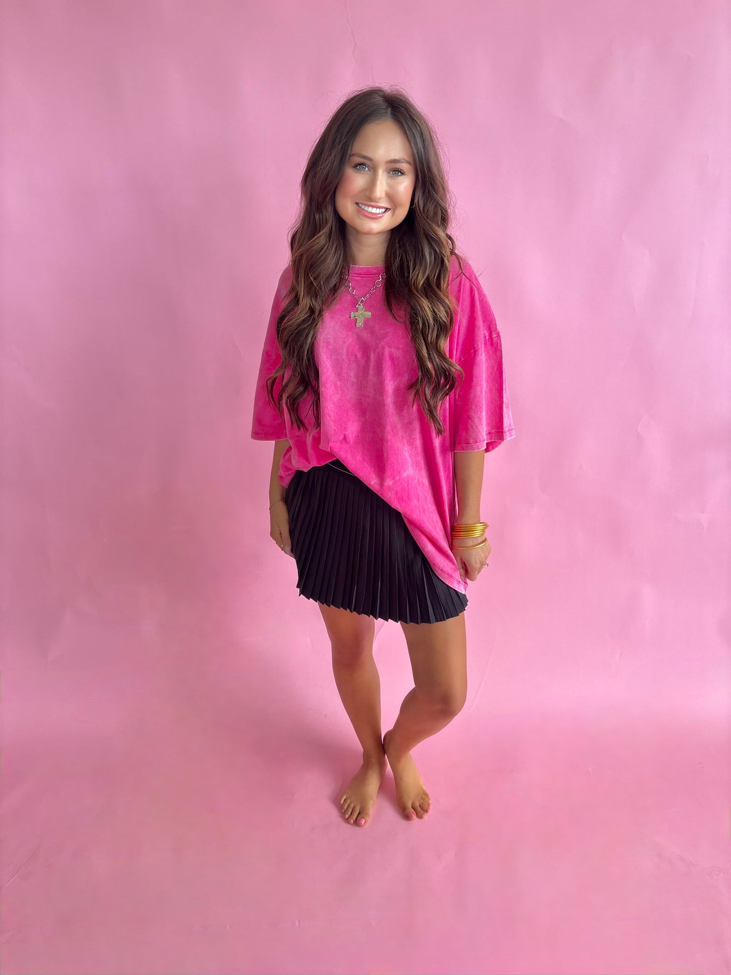 Acid Wash Oversized Tee - Hot Pink