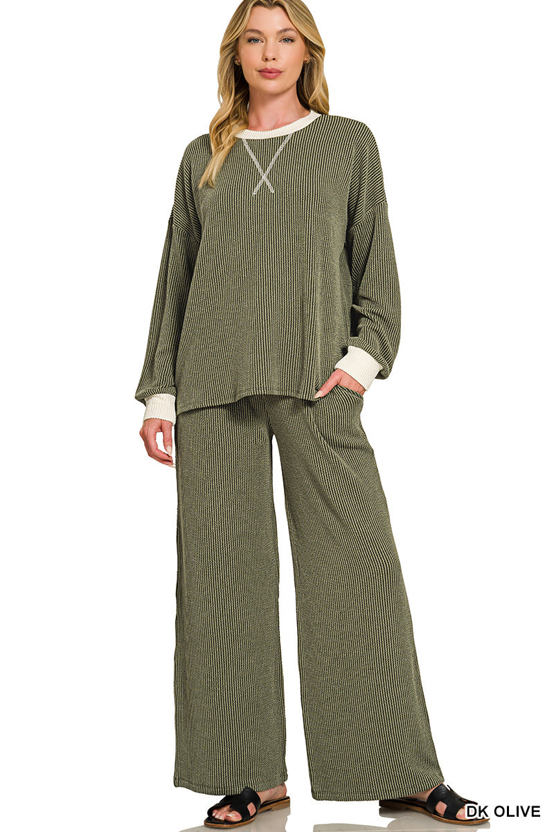 Rib Pant Set-Olive