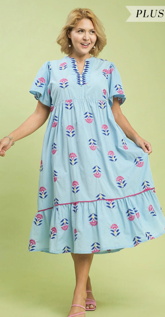 Plus Floral Blue Dress