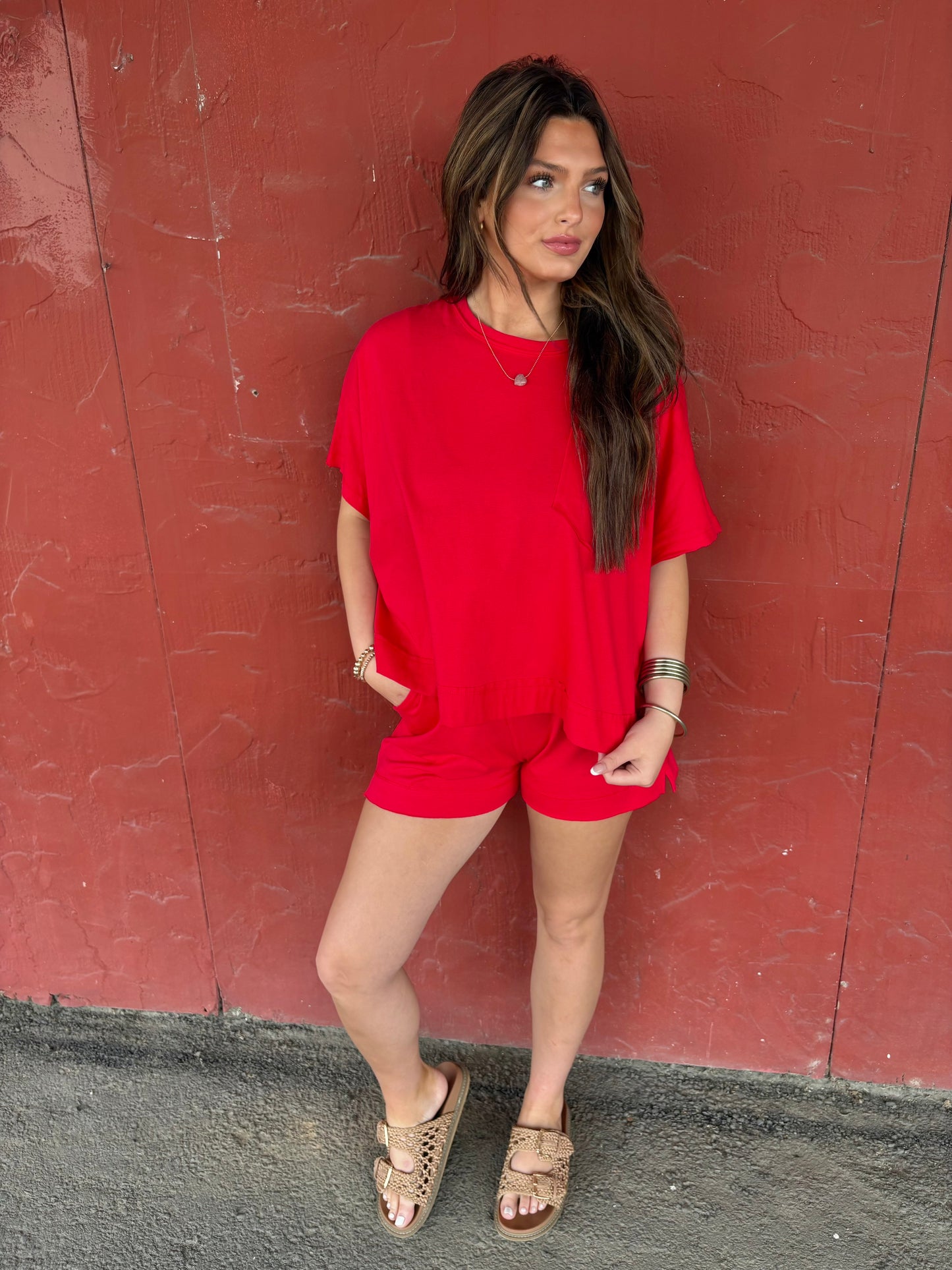 Exposed Seam Boxy Top Set-Red