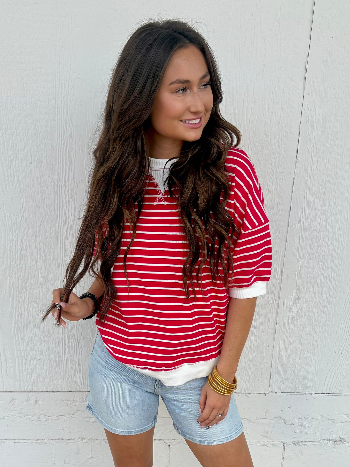 Stripe Banded Pullover - Ruby