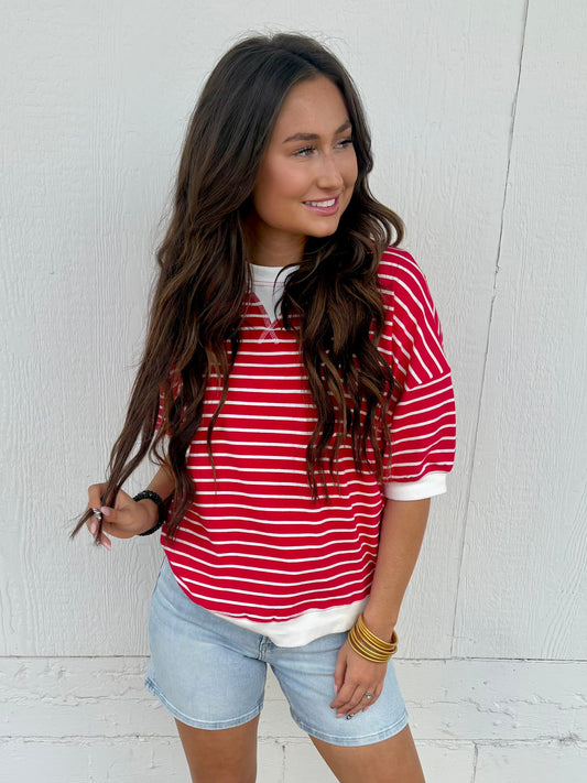 Stripe Banded Pullover - Ruby