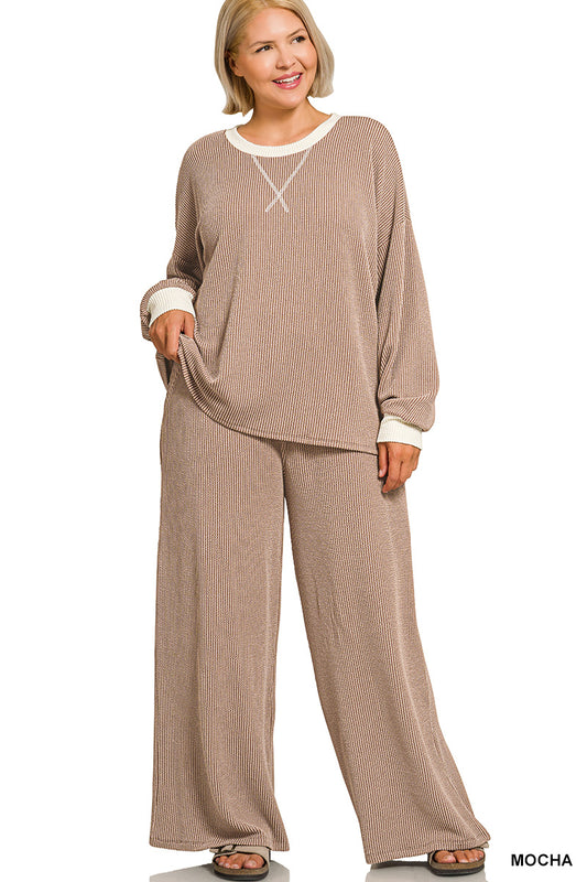 Plus Rib Pant Set-Mocha