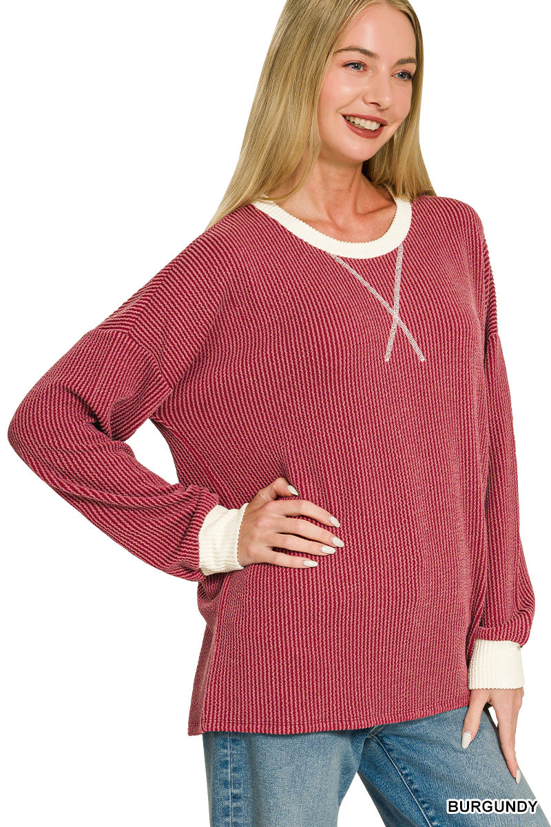 Rib Long Sleeve Shirt-Burgundy