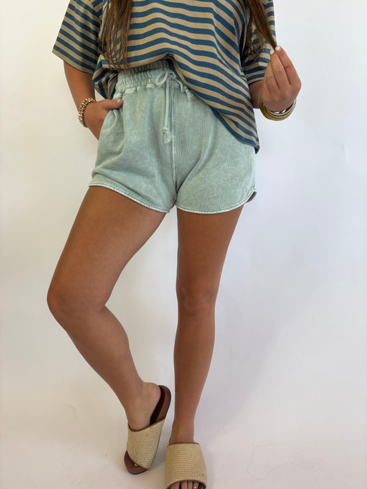 Acid Wash Elastic Shorts-Sage