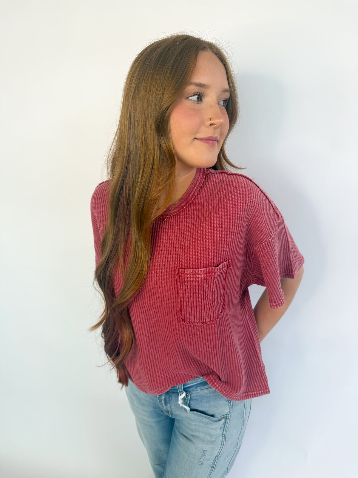 Mineral Wash Waffle Top-Red