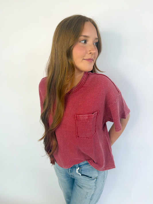 Mineral Wash Waffle Top-Red