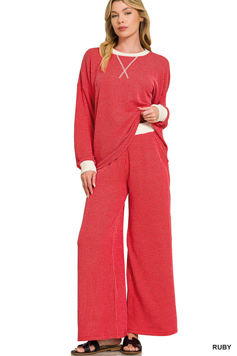 Rib Pant Set-Ruby