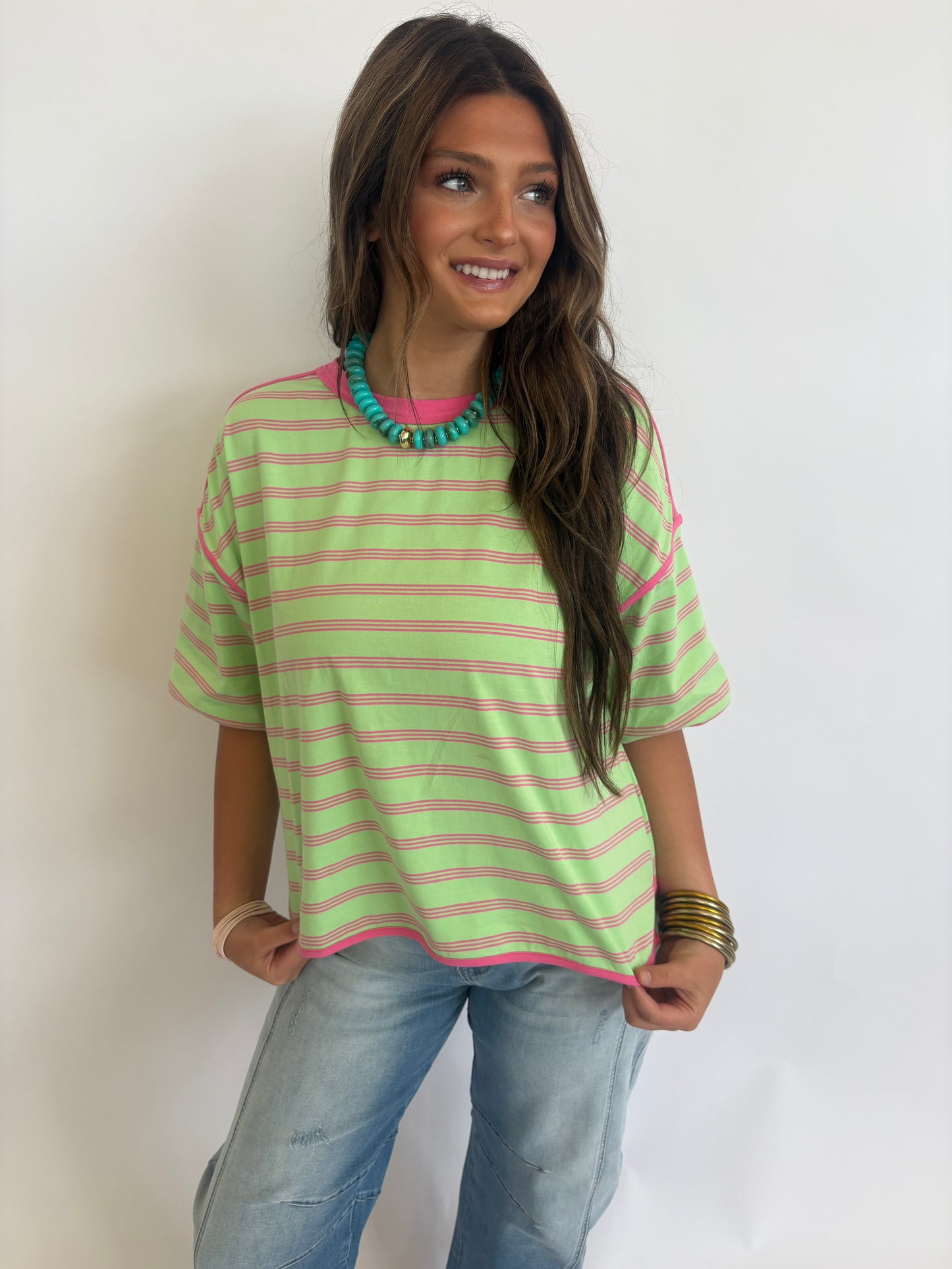 Oversized Stripe Tee : Mint/Pink
