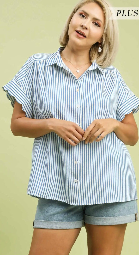 Plus Scalloped Sleeve-Blue