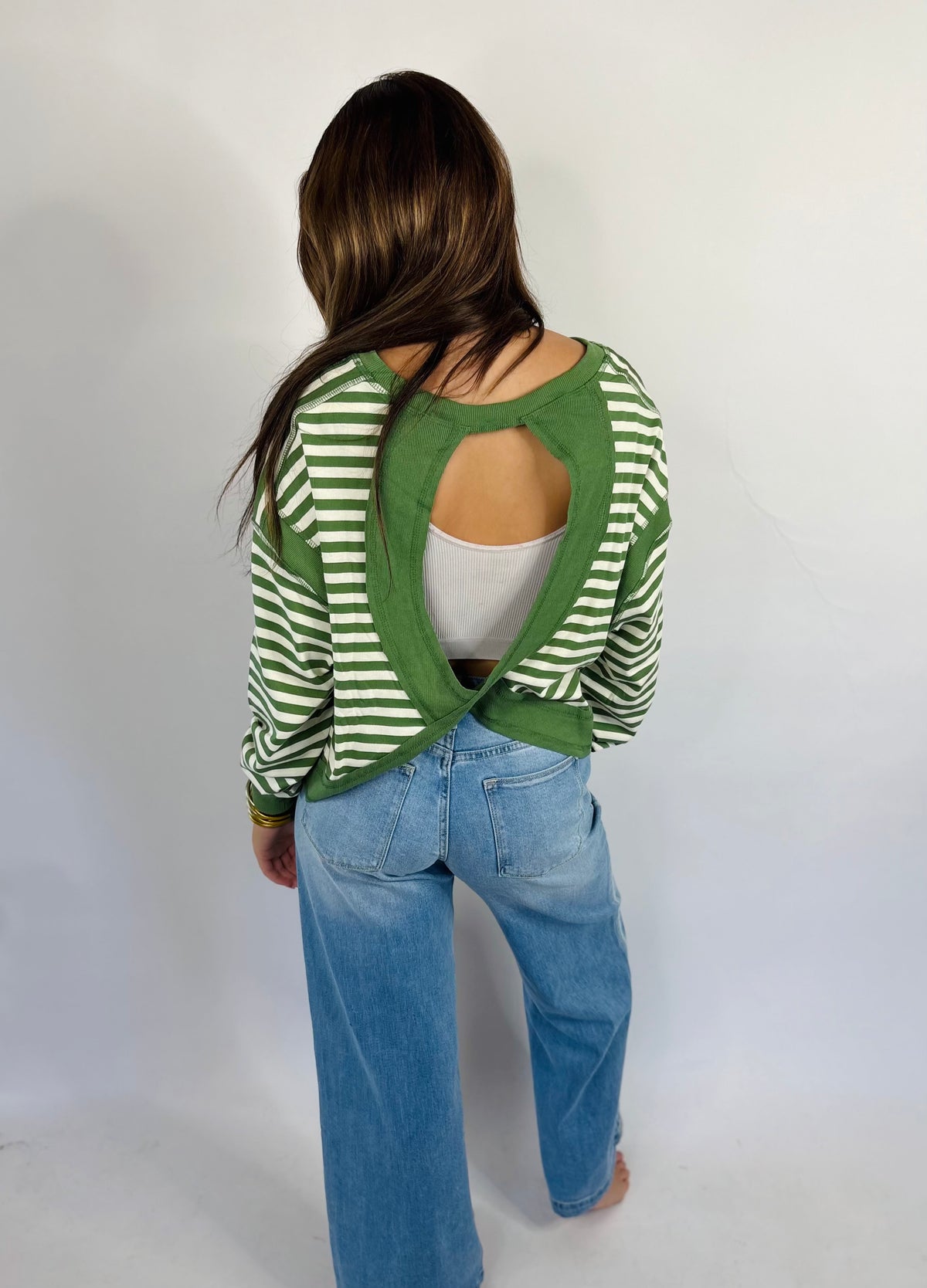 Stripe Open Back Long Sleeve-Green