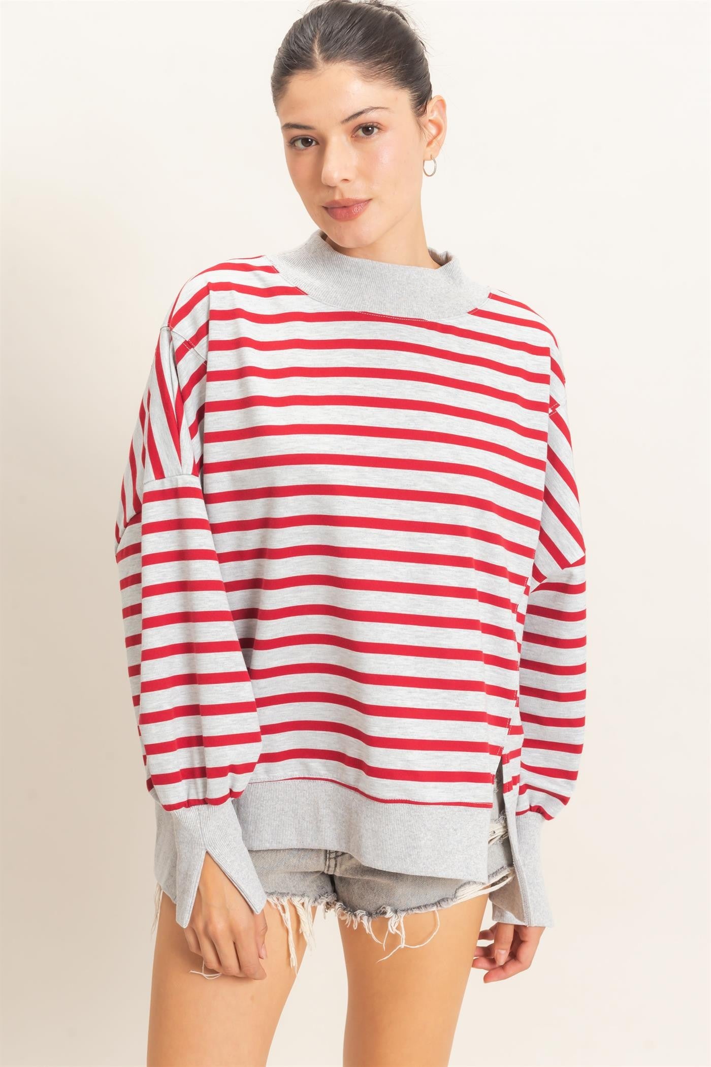 Stripe Mock Neck-Gray/Red