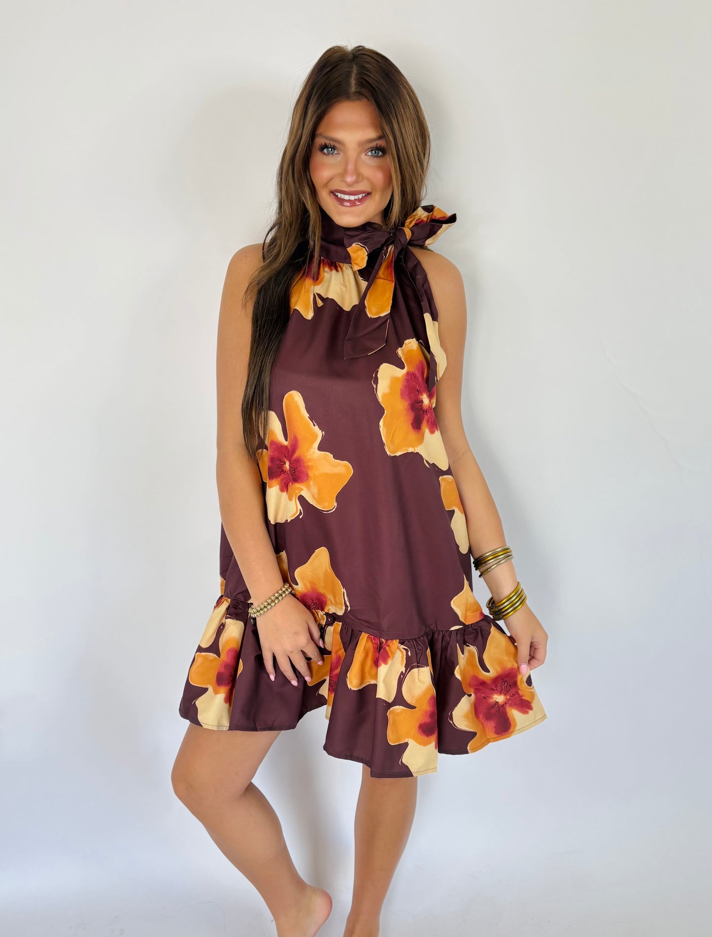 Floral Print Mini Dress-Brick