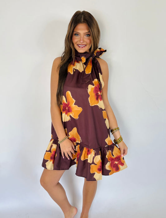 Floral Print Mini Dress-Brick