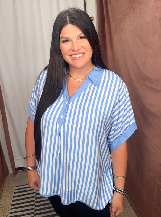 Plus Stripe Top-Blue