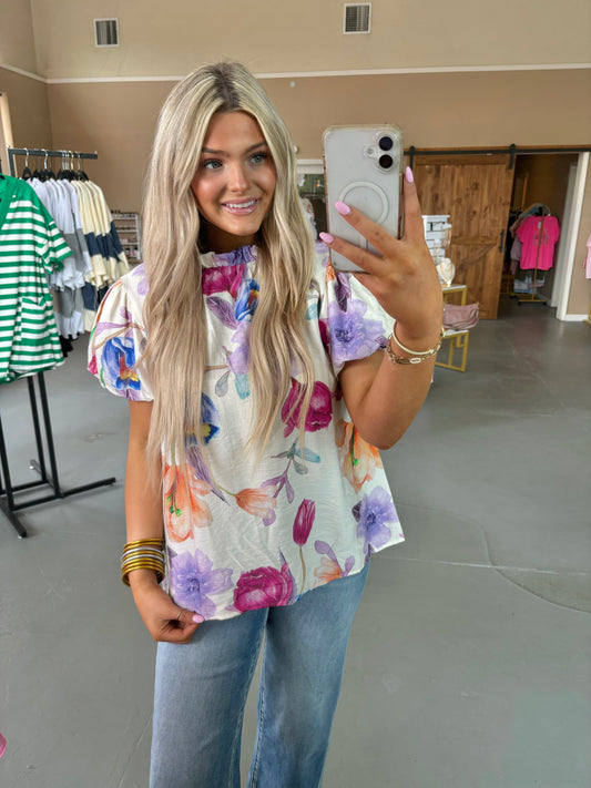 Umgee Floral Blue Mix Top