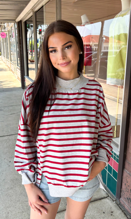 Stripe Mock Neck-Gray/Red