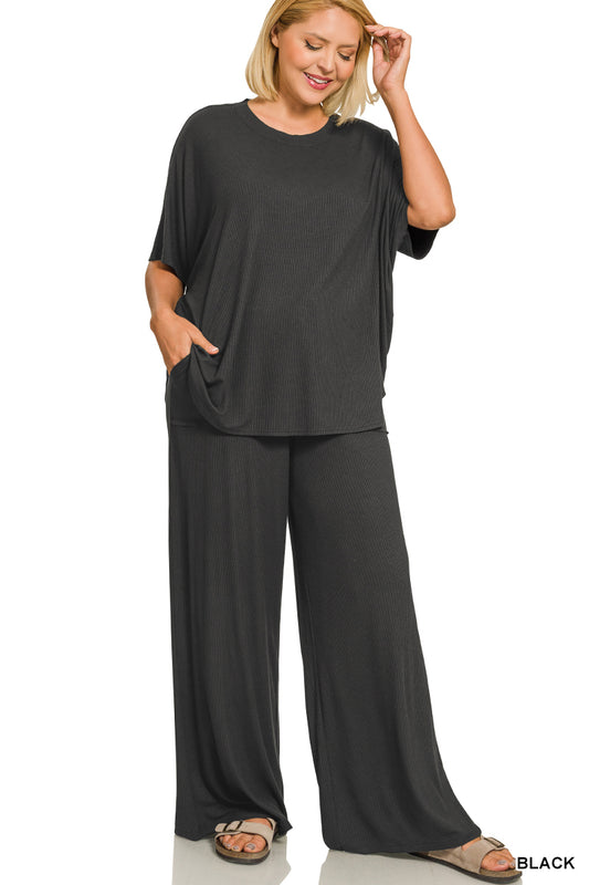 Plus Relaxed Pant Set-Black