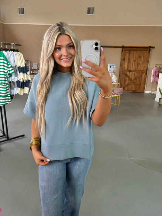 Ribbed Banded Top - Blue Gray