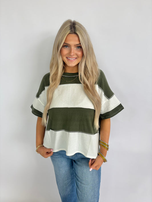 Stripe Exposed Seam Top - Army Green